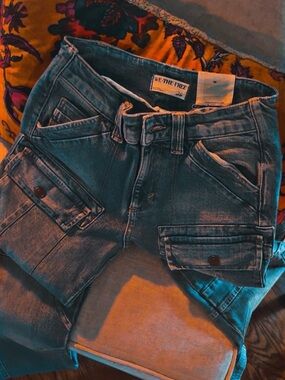 Free People Washed Blue Cargo Jeans